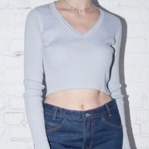 Brandy Melville Milena Light Blue Cropped Ribbed V-Neck Sweater